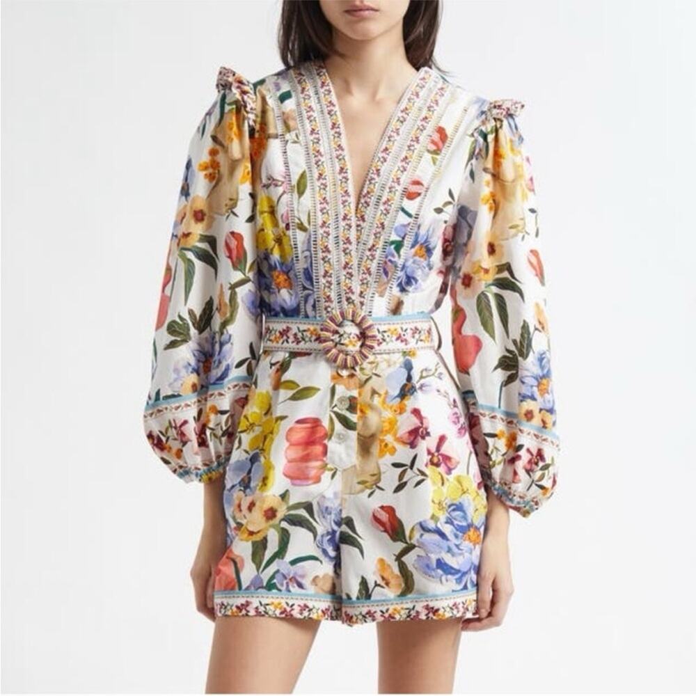 Farm Rio Greek Garden Long Sleeve Plunge Neck Cotton Romper XS